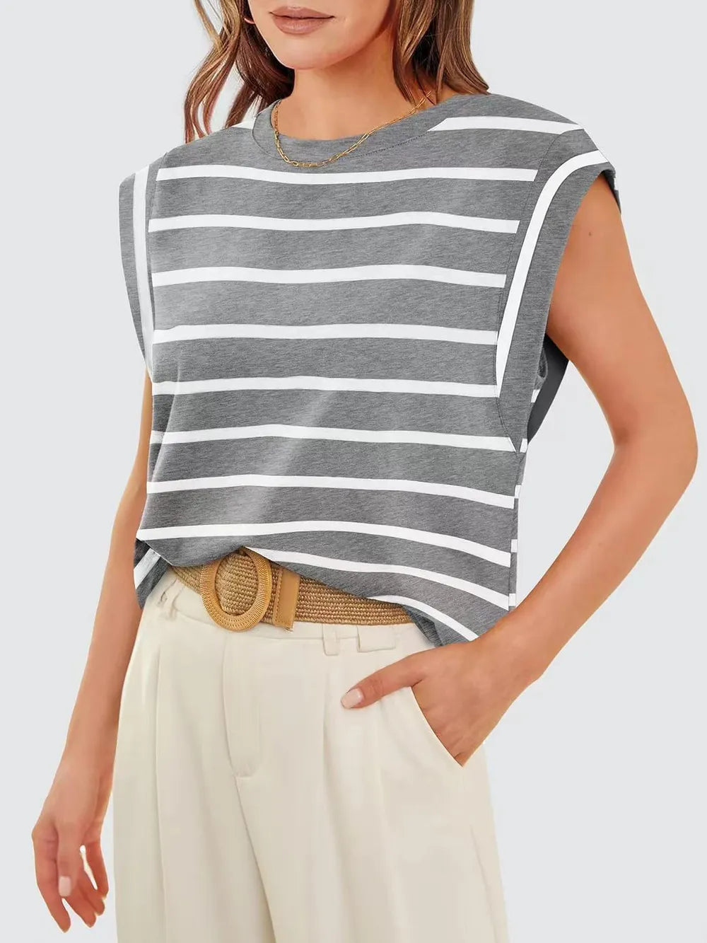Striped Round Neck Cap Sleeve T-Shirt – view 5 | Lola Mariee