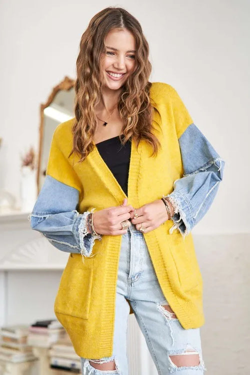 ADORA Full Size Frayed Denim Sleeve Sweater Cardigan Plus Size – view 2 | Lola Mariee