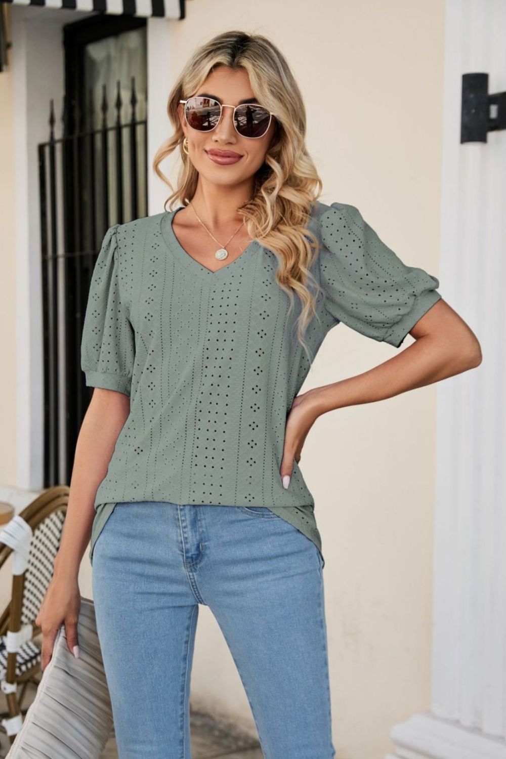 Eyelet Puff Sleeve V-Neck Top - Trendsi | Lola Mariee