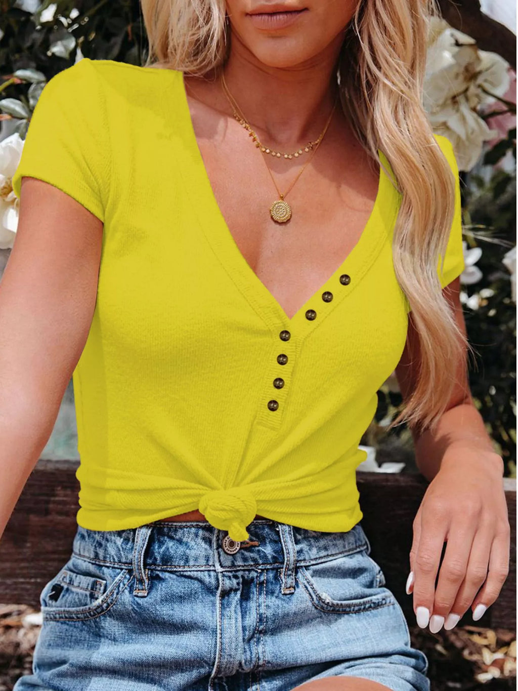 Full Size Casual V-Neck Button Detail T-Shirt Plus Size - Trendsi | Lola Mariee