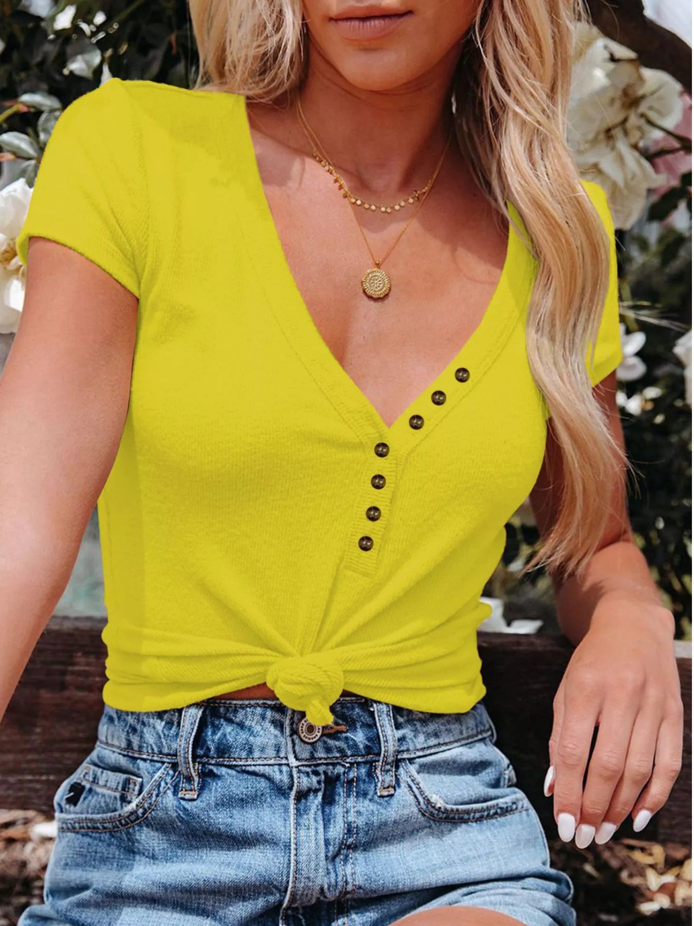 Full Size Casual V-Neck Button Detail T-Shirt Plus Size - Trendsi | Lola Mariee