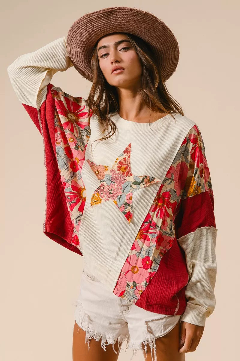 BiBi Floral Print Mixed Star Patch Round Neck Sweatshirt - Trendsi | Lola Mariee