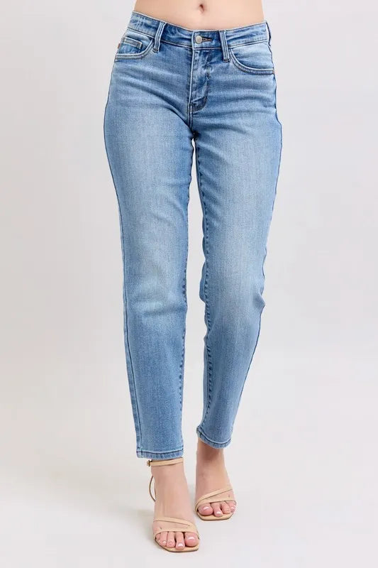 Judy Blue Full Size Mid Rise Vintage Wash Slim Jeans with Cell Phone Pocket Plus Size - women's bottoms at Lola Mariee boutique