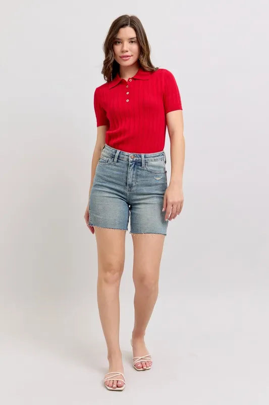 Judy Blue Full Size High Waist Vintage Wash Side Slit Denim Shorts Plus Size – view 7 | Lola Mariee