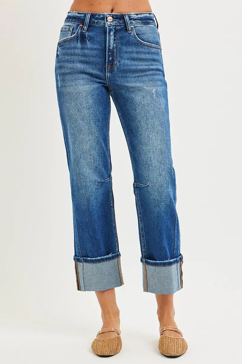 RISEN High Rise Straight Jeans with Distressed Hem - women's bottoms at Lola Mariee boutique