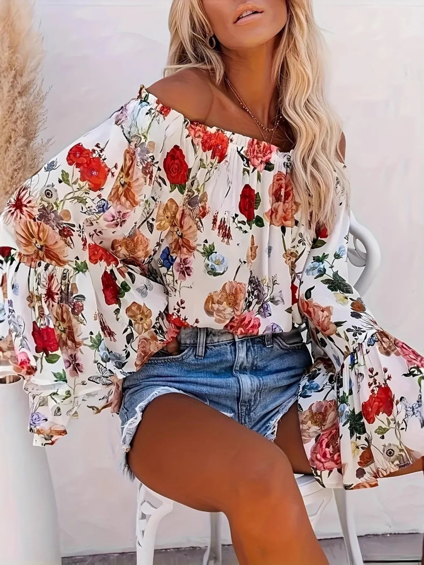 Full Size Floral Off-Shoulder Bell Sleeve Blouse Plus Size – view 4 | Lola Mariee