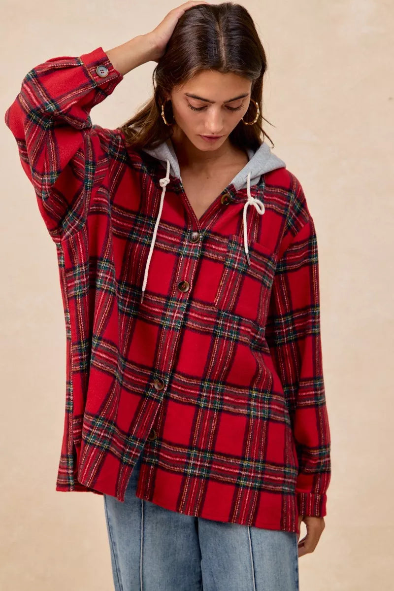 BiBi Brushed Plaid Hooded Jacket - Trendsi | Lola Mariee