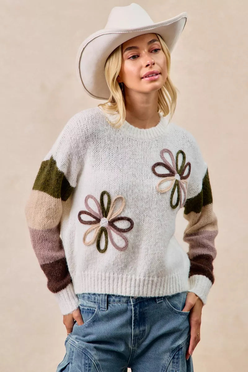 BiBi Flower Color Block Sweater - Trendsi | Lola Mariee