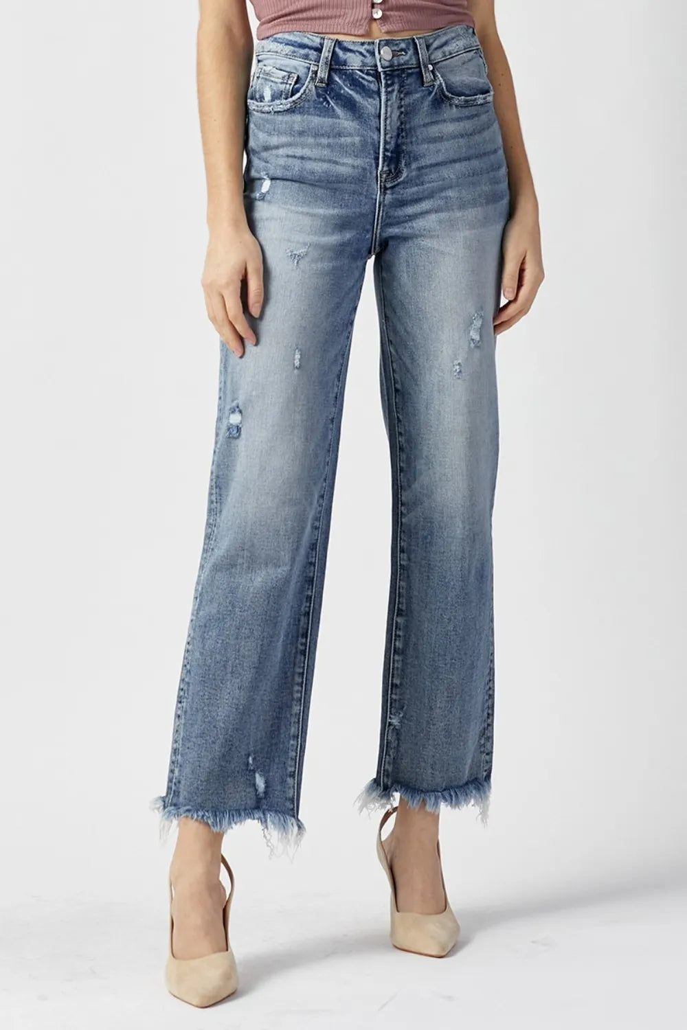 RISEN High Waist Raw Hem Straight Jeans - women's bottoms at Lola Mariee boutique