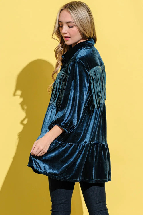 And The Why Fringe Detailed Velvet Shirt Dress – view 2 | Lola Mariee