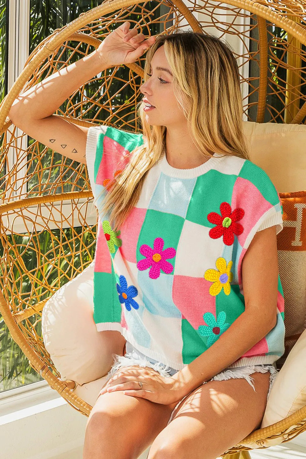 BiBi Flower Patch Checkered Sweater Vest - Trendsi | Lola Mariee