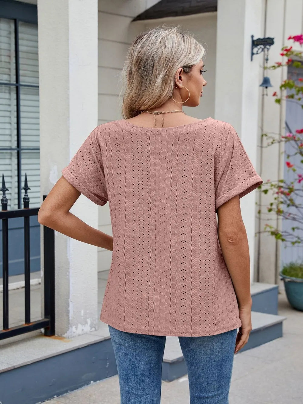 Eyelet Round Neck Short Sleeve Top - Trendsi | Lola Mariee