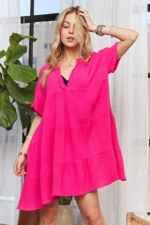 ADORA Tiered Notched Short Sleeve Dress – view 2 | Lola Mariee