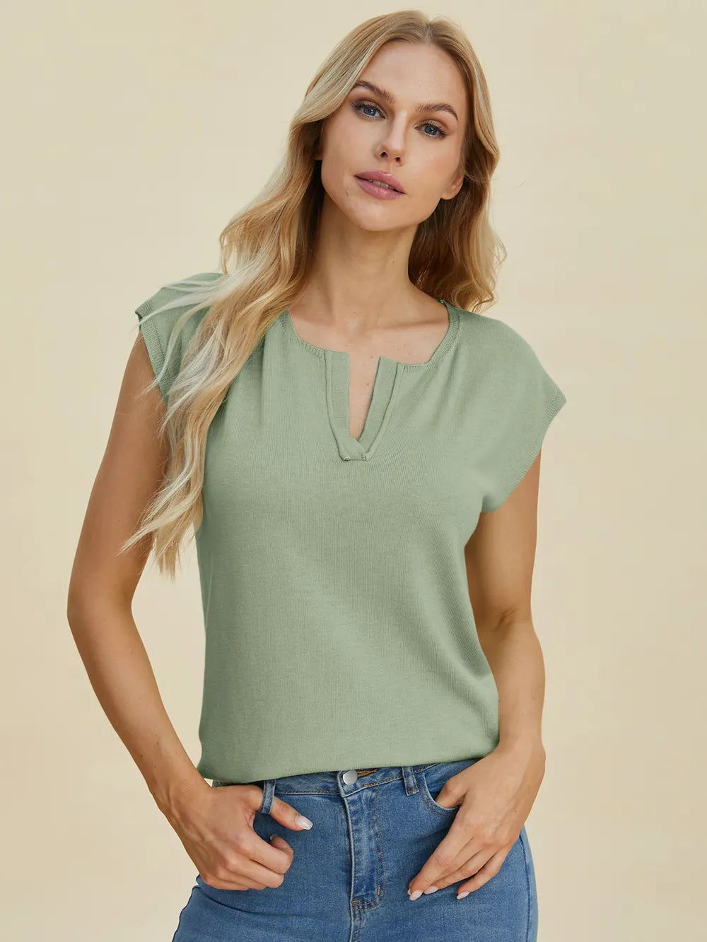 Double Take Full Size Notched Cap Sleeve Knit Top – view 10 | Lola Mariee