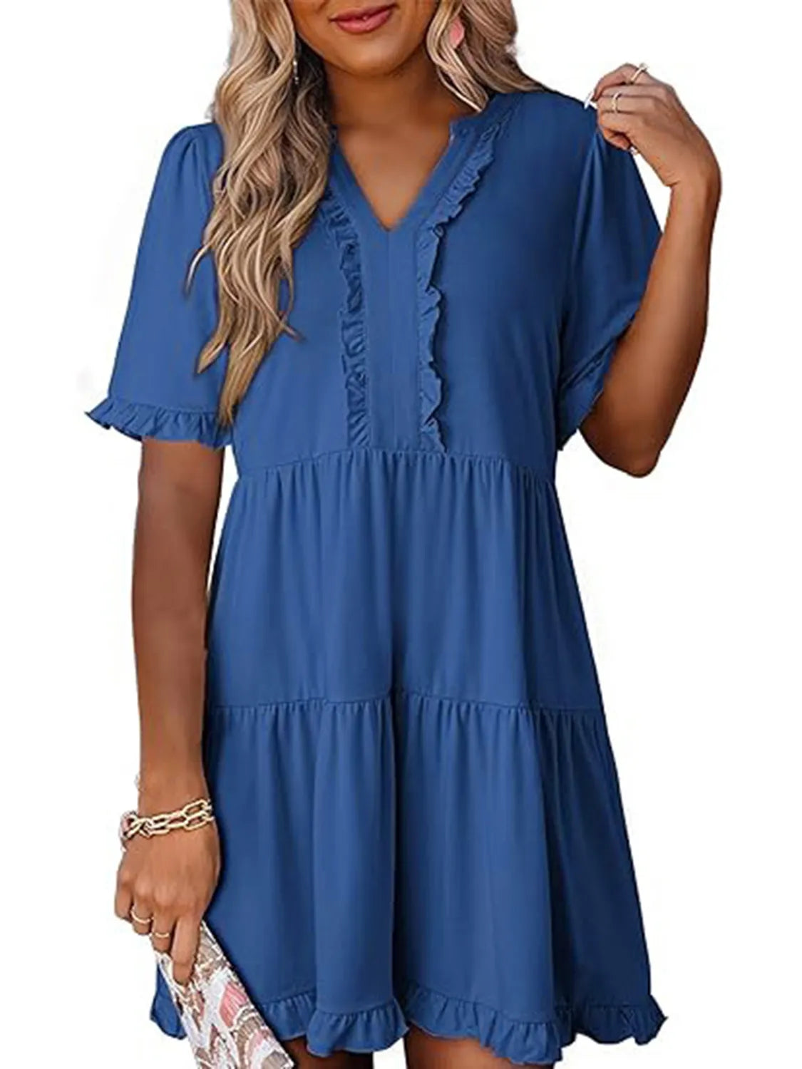 Tiered Notched Short Sleeve Mini Dress – view 10 | Lola Mariee