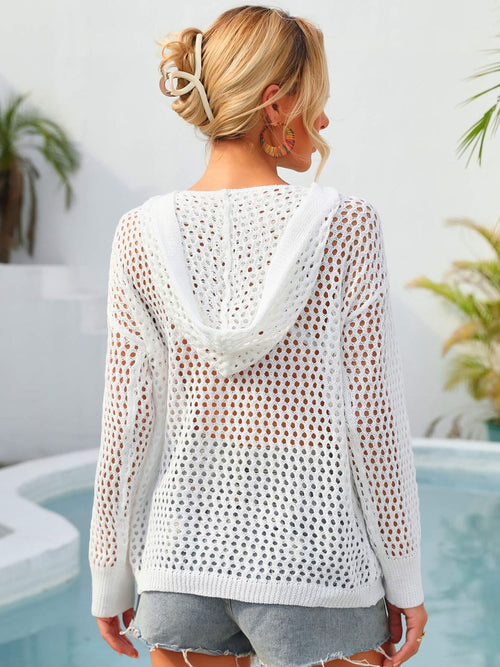 Angel Wings Flower Graphic Lace-Up Openwork Hooded Cover Up – view 2 | Lola Mariee