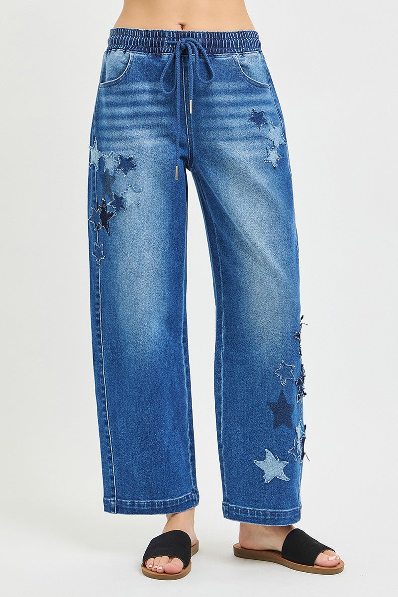 RISEN Elastic Band Slouchy Cropped Barrel with Star Patch - Trendsi | Lola Mariee