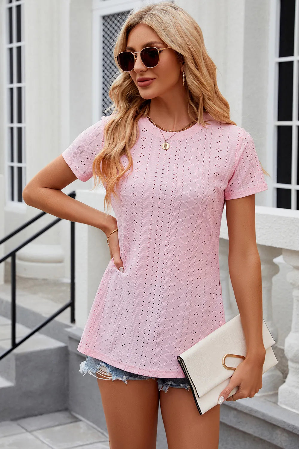 Eyelet Slit Round Neck Short Sleeve T-Shirt - Trendsi | Lola Mariee