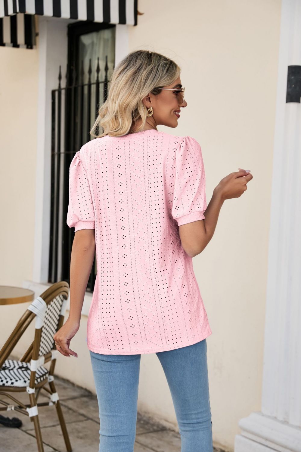 Eyelet Puff Sleeve V-Neck Top - Trendsi | Lola Mariee
