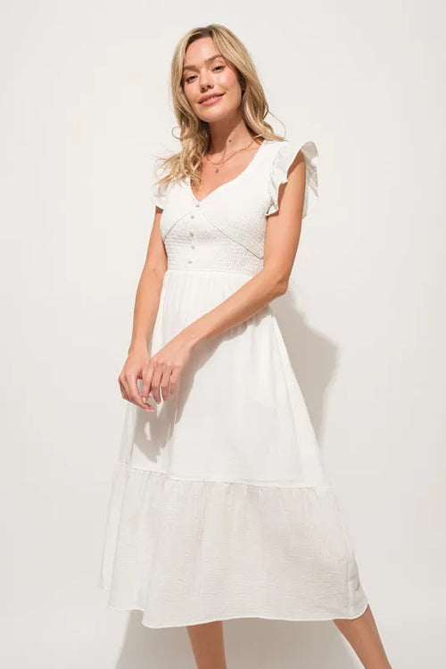 And The Why Ruffle Sleeve Front Smocked Tiered Midi Dress | Lola Mariee