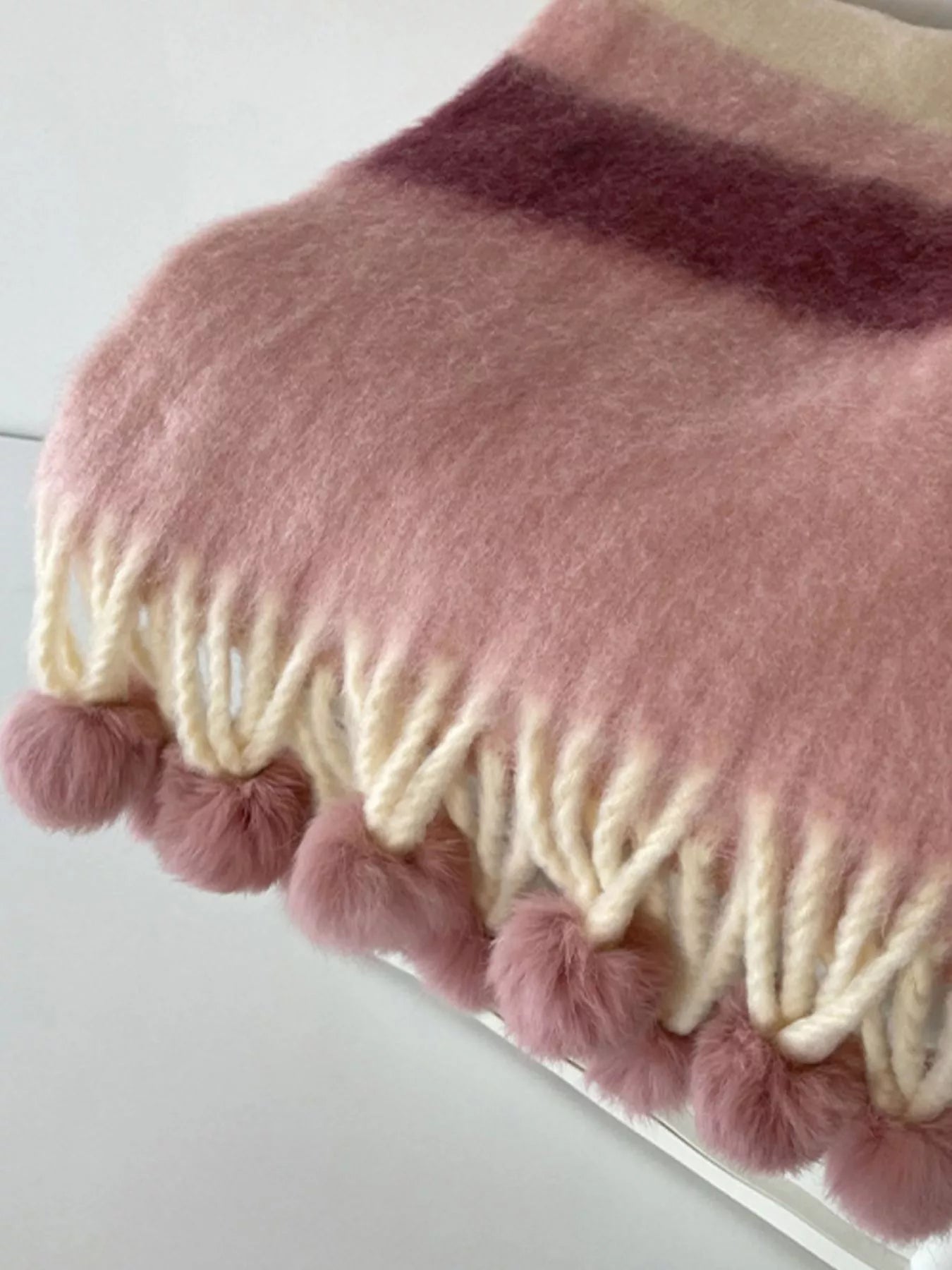 Rainbow Striped Fuzzy Scarf with Pom-Poms – view 5 | Lola Mariee