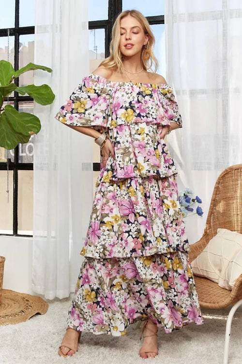 ADORA Layered Floral Off-Shoulder Short Sleeve Maxi Dress | Lola Mariee