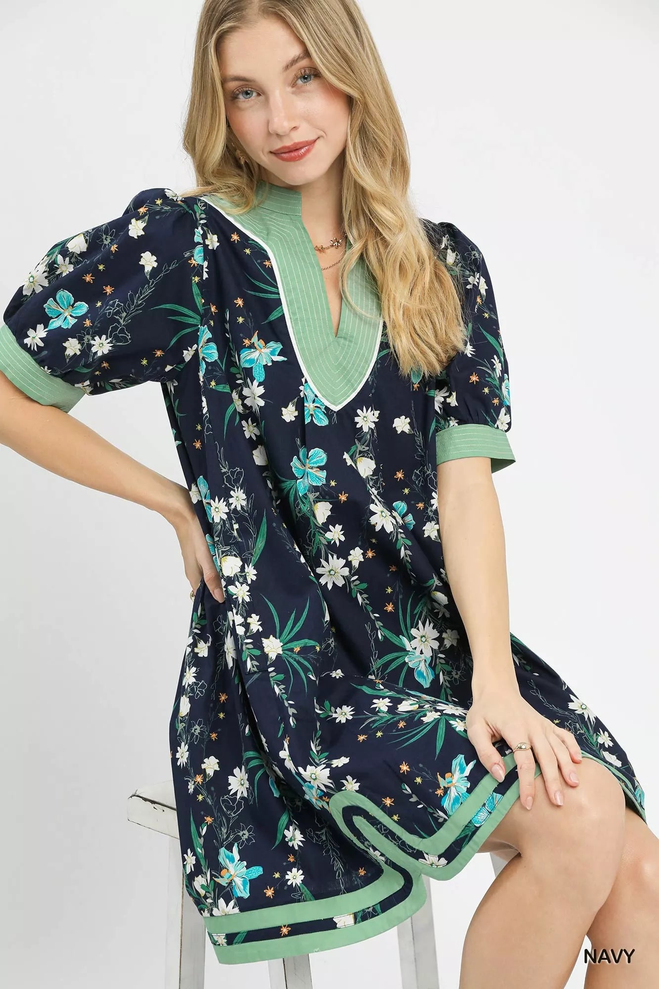 Umgee Floral Puff Sleeve Dress with Contrast Trim - Trendsi | Lola Mariee