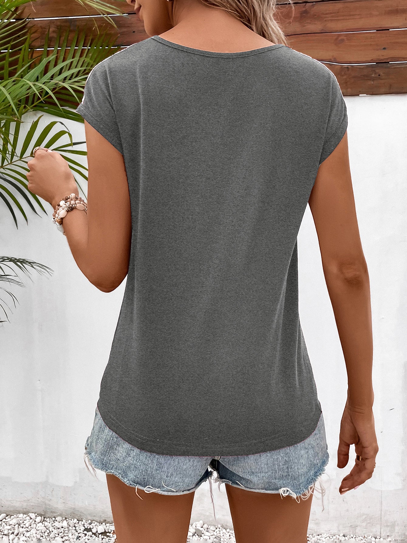 Ivy Lane Spliced Lace V-Neck Twisted Hem Tee - Trendsi | Lola Mariee