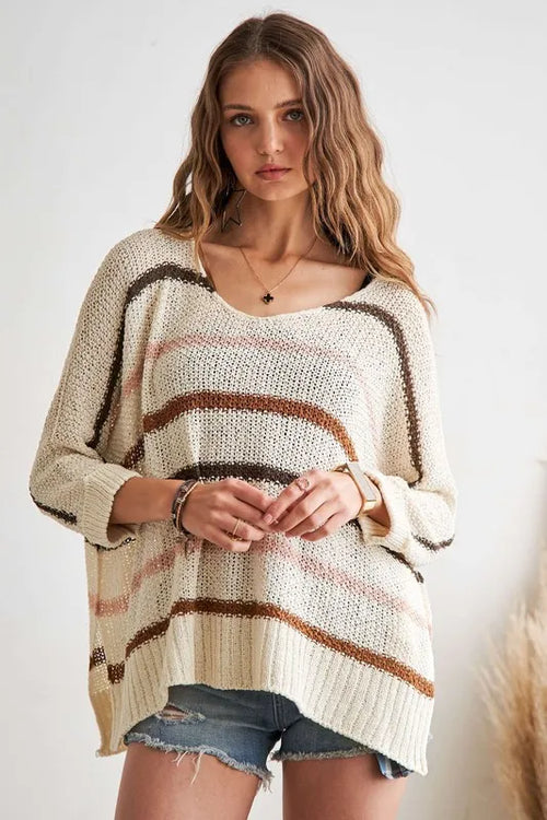 ADORA Full Size Multi Color Strip Sweater Plus Size | Lola Mariee