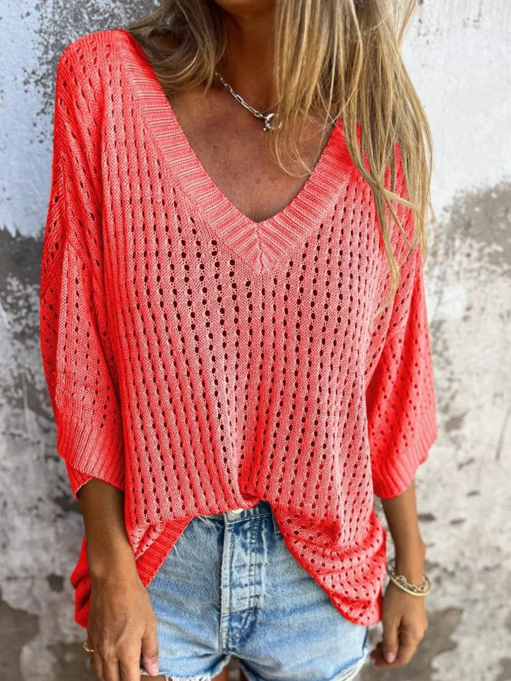 Full Size Openwork V-Neck Knit Cover Up Plus Size – view 3 | Lola Mariee