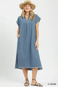 Umgee Pinstripe Denim Collared Midi Dress with Side Slits - Trendsi | Lola Mariee