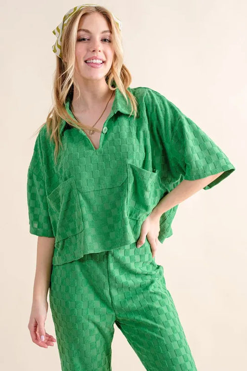 And The Why Brushed Texture Checker Board Pattern Casual Top | Lola Mariee
