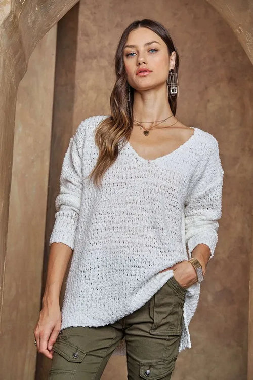 ADORA High-Low Side Slit V-Neck Sweater | Lola Mariee