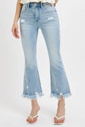 RISEN Full Size Raw Hem Distressed Cropped Flare Jeans Plus Size - women's top at Lola Mariee boutique