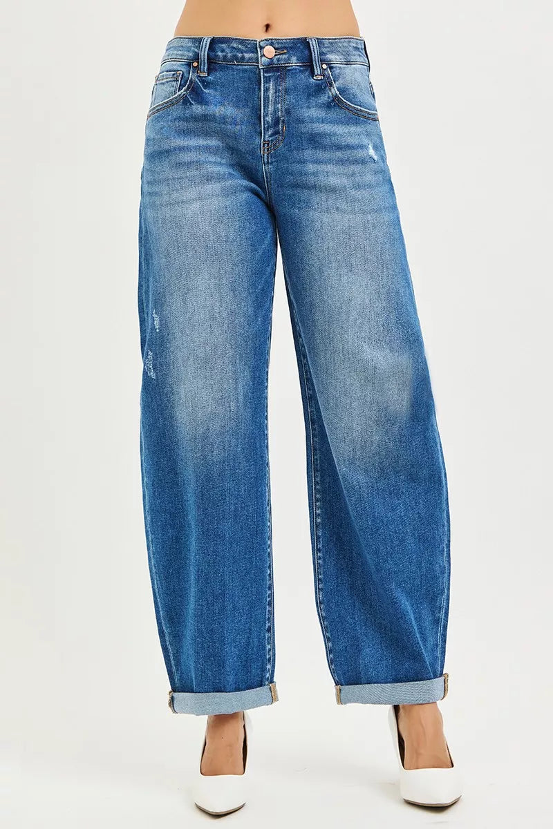 RISEN Full Size Mid Rise Barrel Double Roll Up Jeans Plus Size - women's bottoms at Lola Mariee boutique