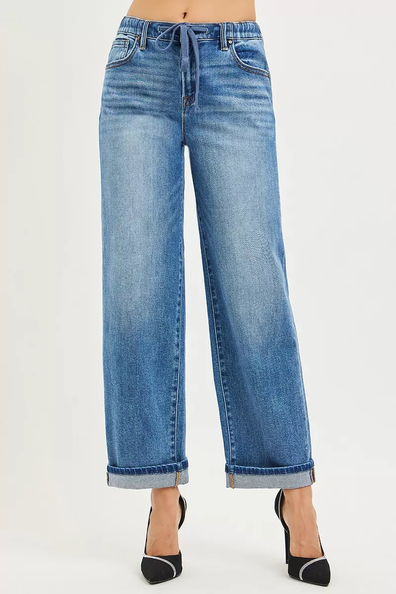 RISEN Elastic Band Slouch Ankle Boyfriend Cuffed Hem Jeans - LOLA MARIEE | Lola Mariee