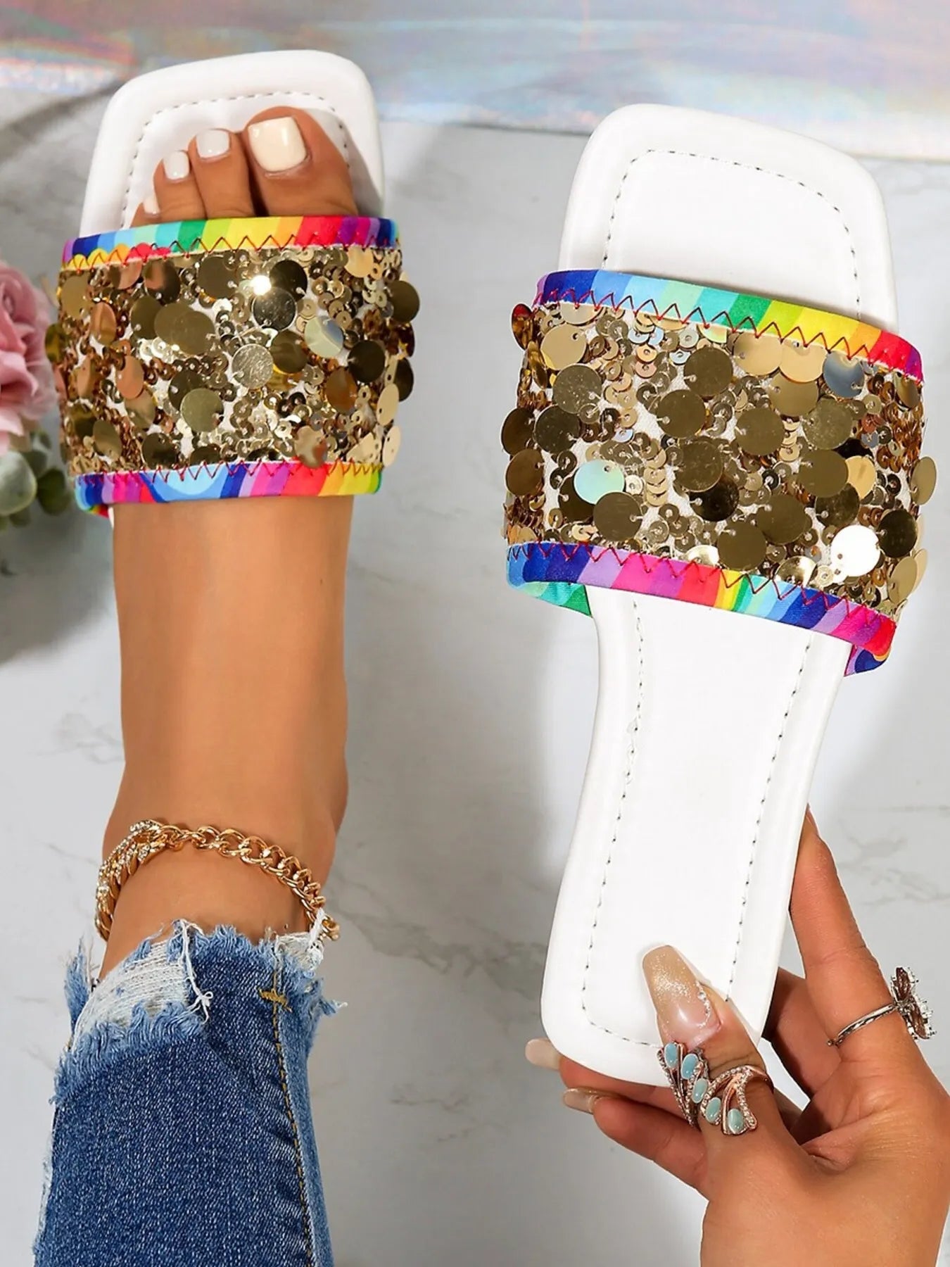 Rainbow Sequin Slide Sandals – view 3 | Lola Mariee
