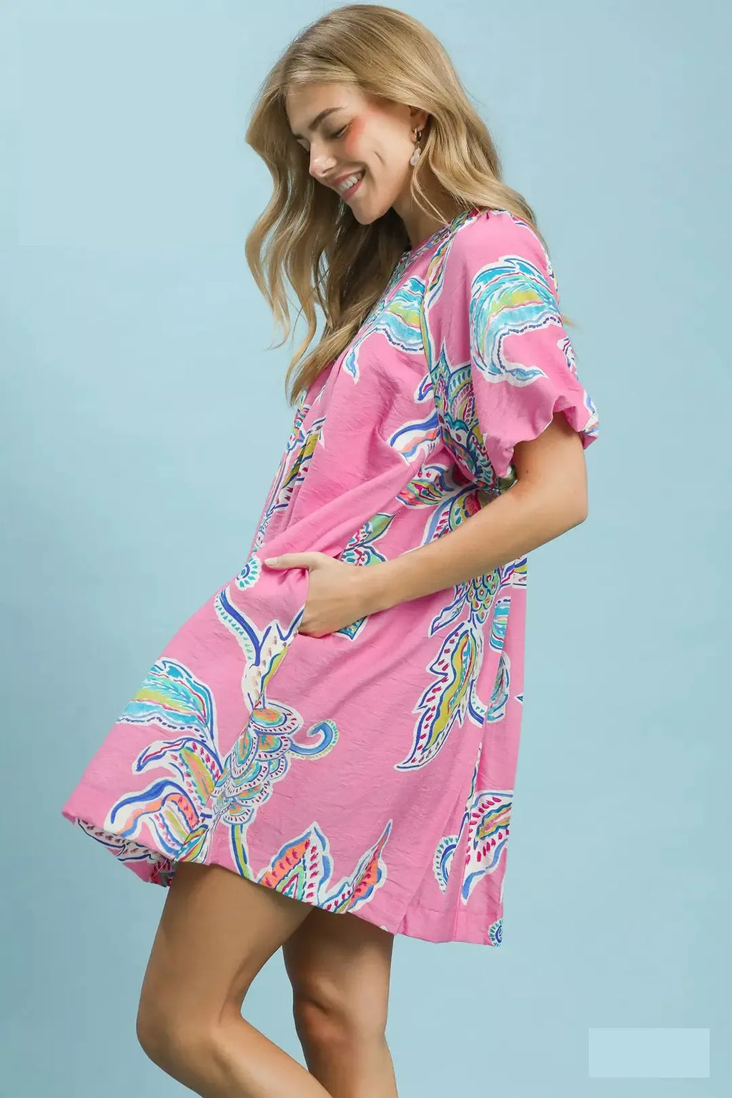 Umgee Boho Floral Print Mini Dress with Pockets - Trendsi | Lola Mariee