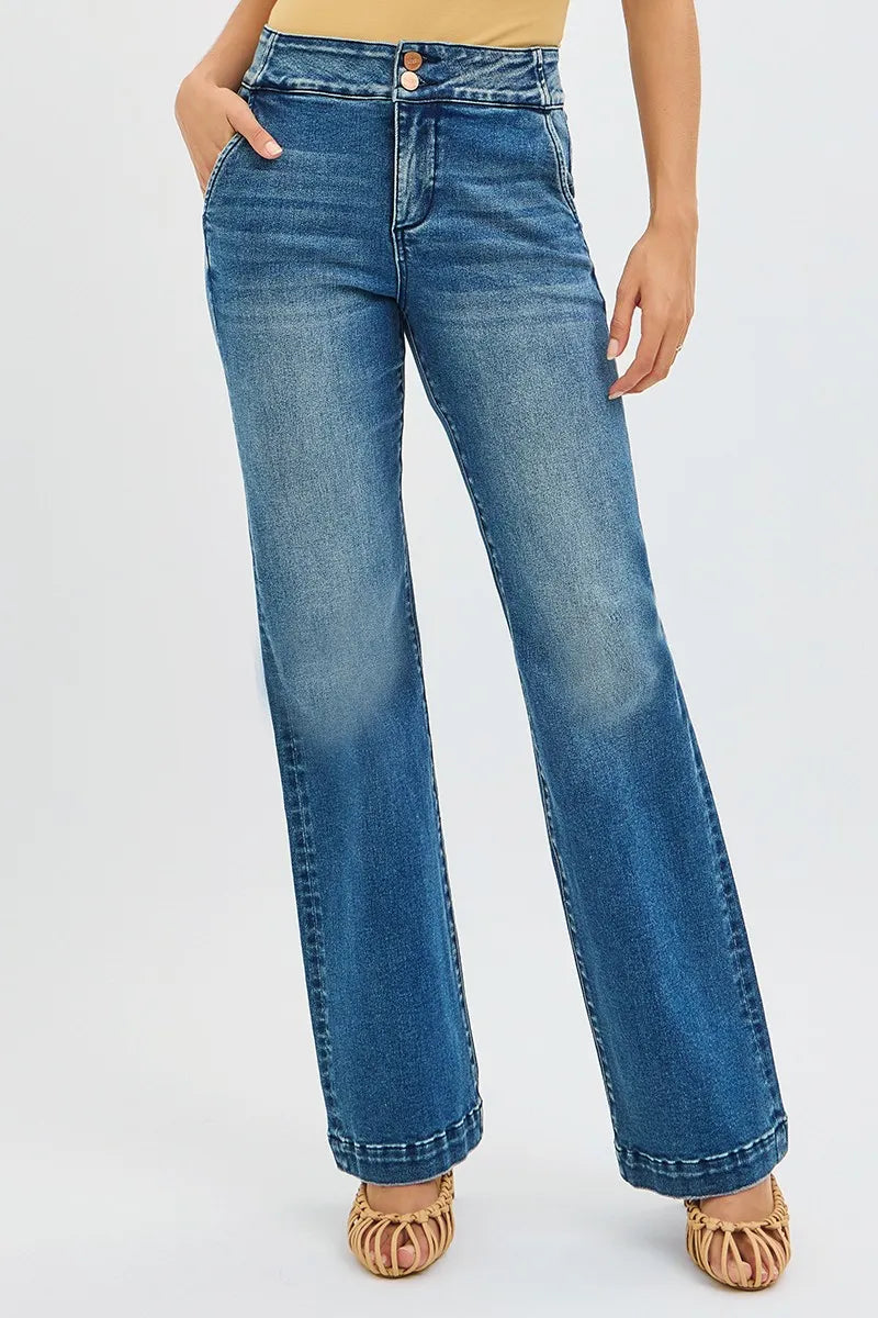 RISEN Full Size Tummy Control High Rise Bootcut Jeans with Double Button Waistband Plus Size - women's shoes at Lola Mariee boutique