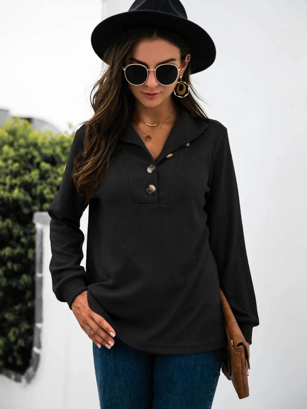 Half Button Long Sleeve T-Shirt - Trendsi | Lola Mariee