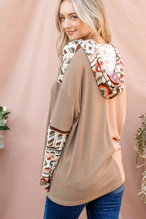 And The Why Printed Color Block Hooded Waffle Top – view 2 | Lola Mariee