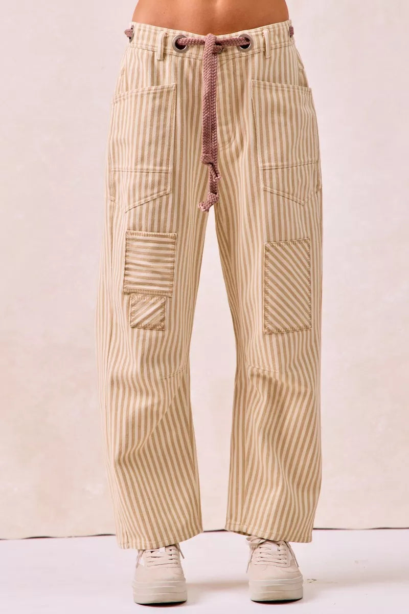 BiBi Drawstring Striped Twill Barrel Pants - Trendsi | Lola Mariee