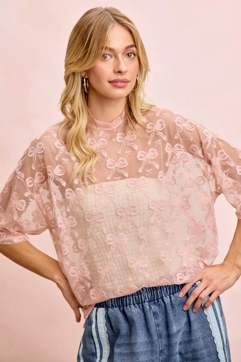 BiBi Bow Pattern Short Sleeves Boxy Mesh Top - Trendsi | Lola Mariee