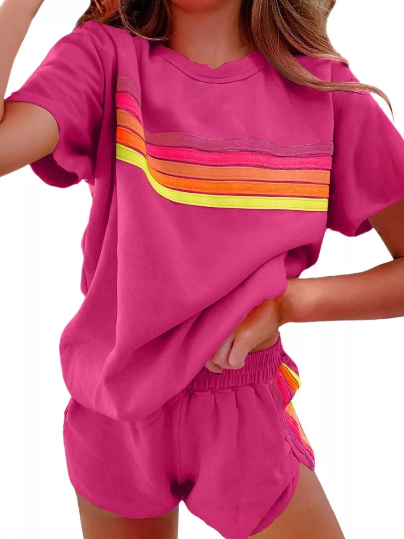 Rainbow Striped Round Neck Top and Shorts Set – view 10 | Lola Mariee