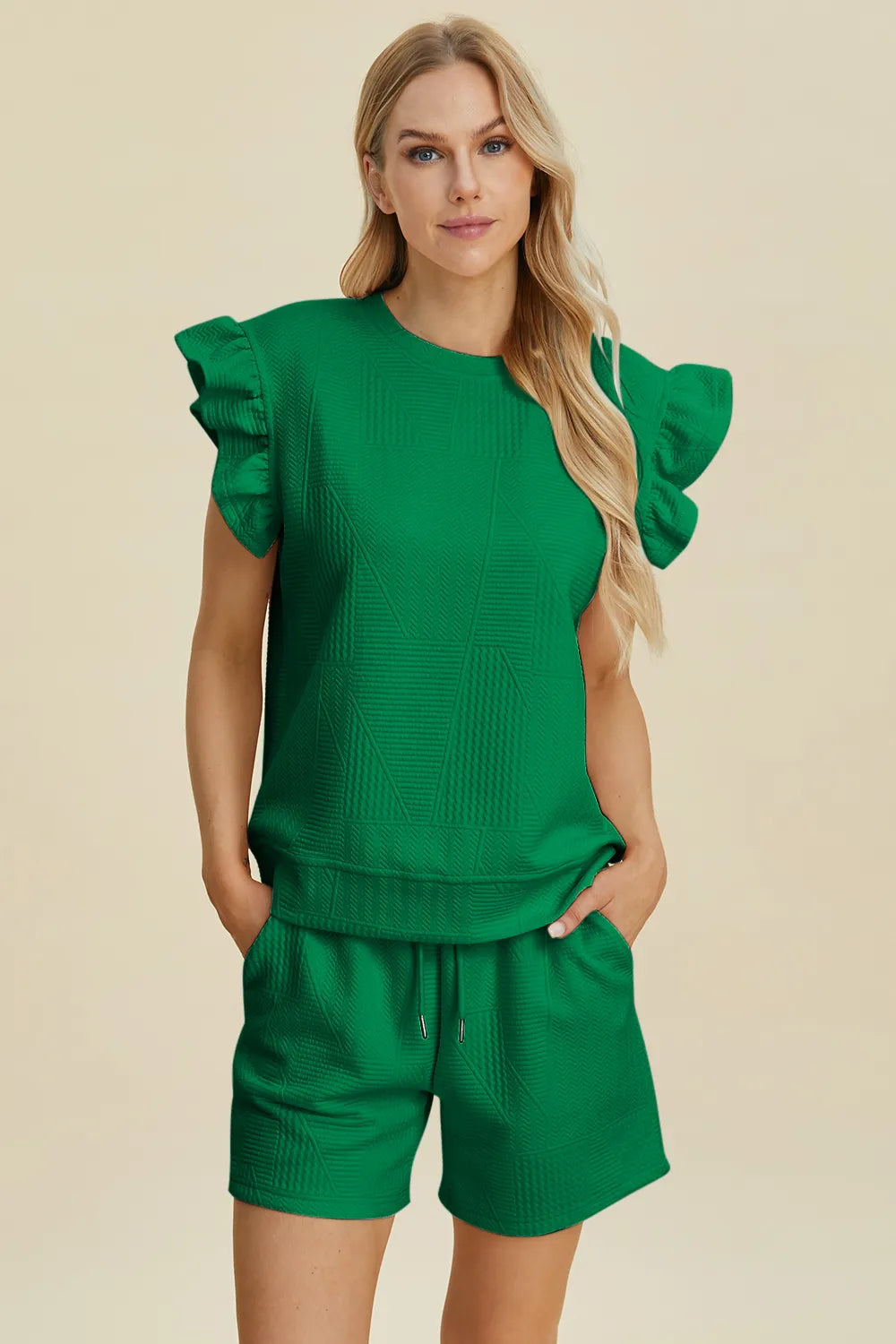 Double Take Full Size Texture Round Neck Ruffle Sleeve Top and Shorts Set | Lola Mariee