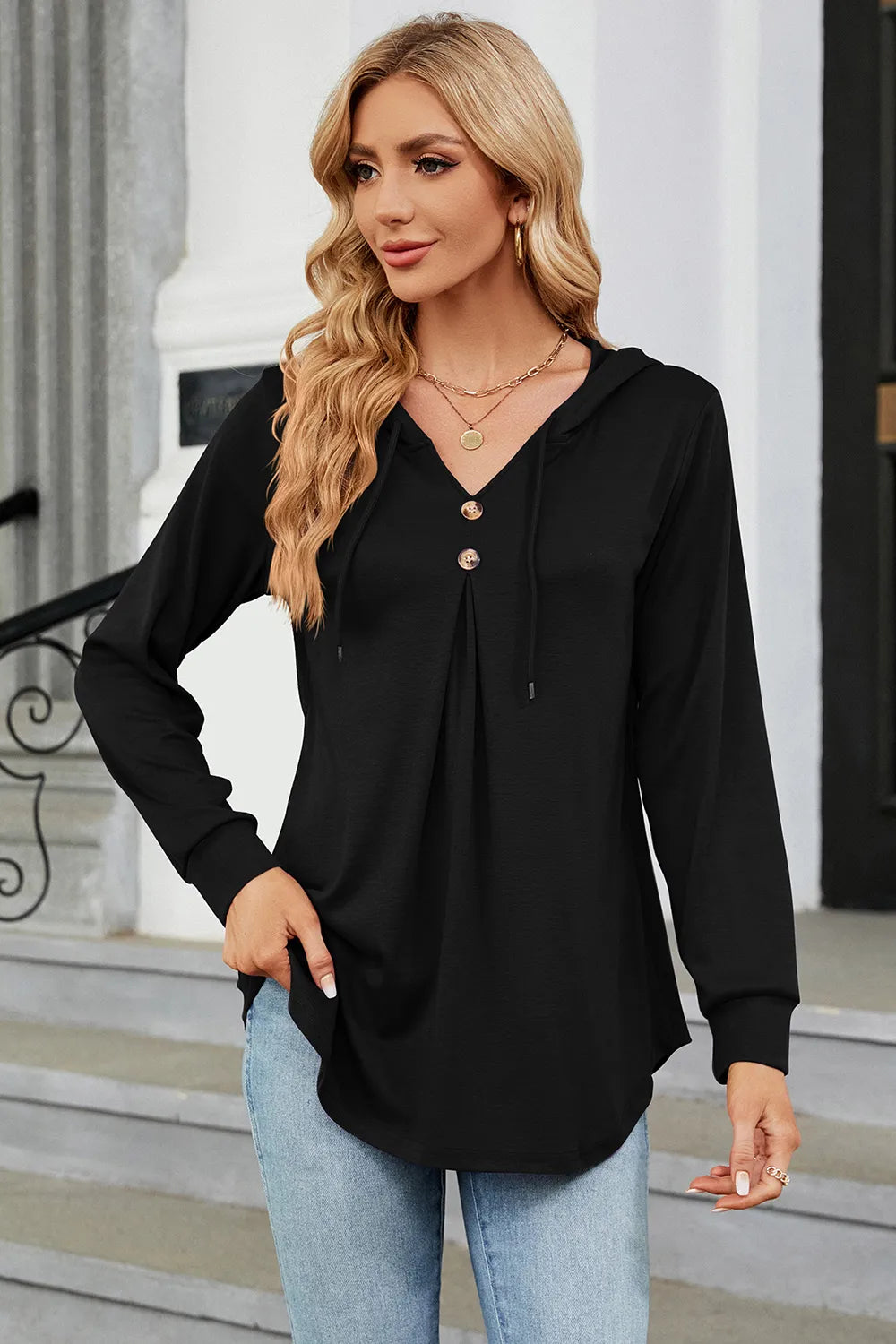 Decorative Button Drawstring Long Sleeve Hoodie - Trendsi | Lola Mariee