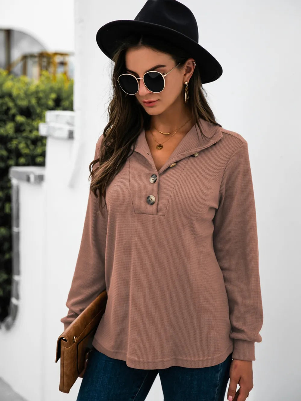 Half Button Long Sleeve T-Shirt - Trendsi | Lola Mariee