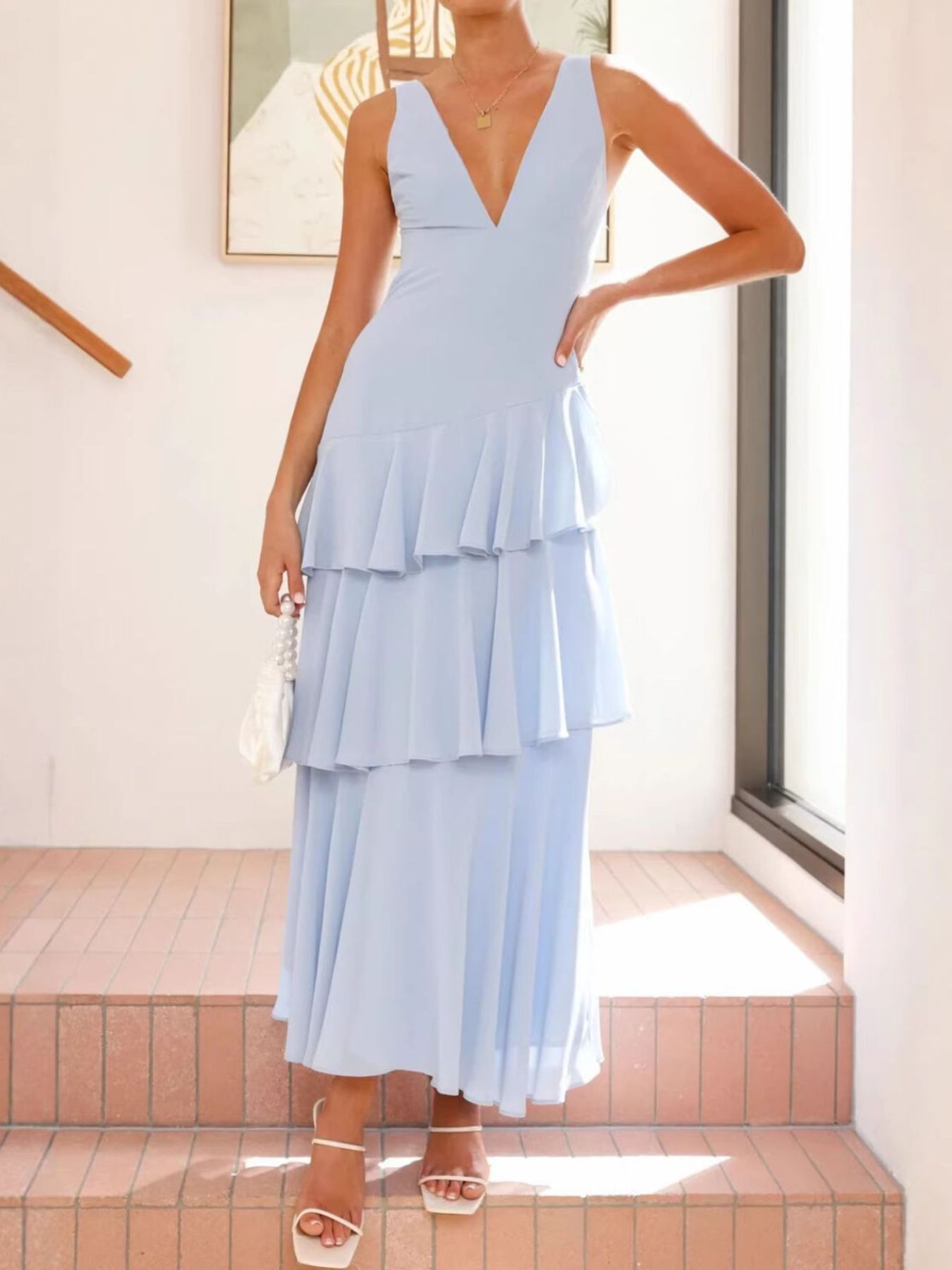 Sleeveless Ruffled Layered Backless Maxi Dress – view 5 | Lola Mariee