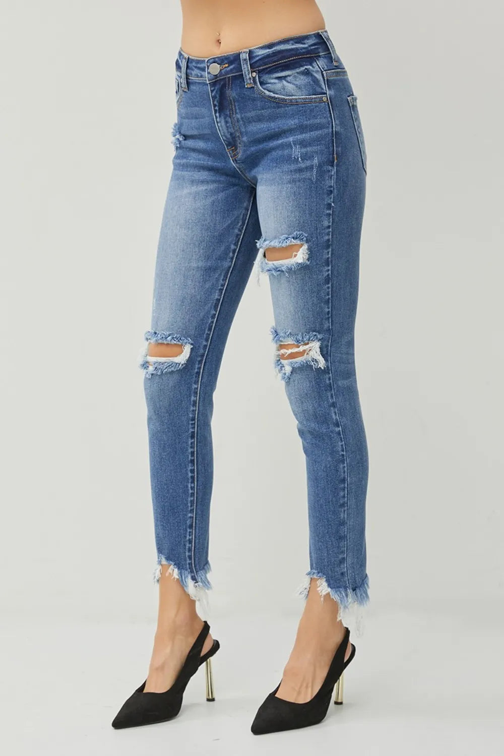 RISEN Distressed Frayed Hem Slim Jeans - LOLA MARIEE | Lola Mariee