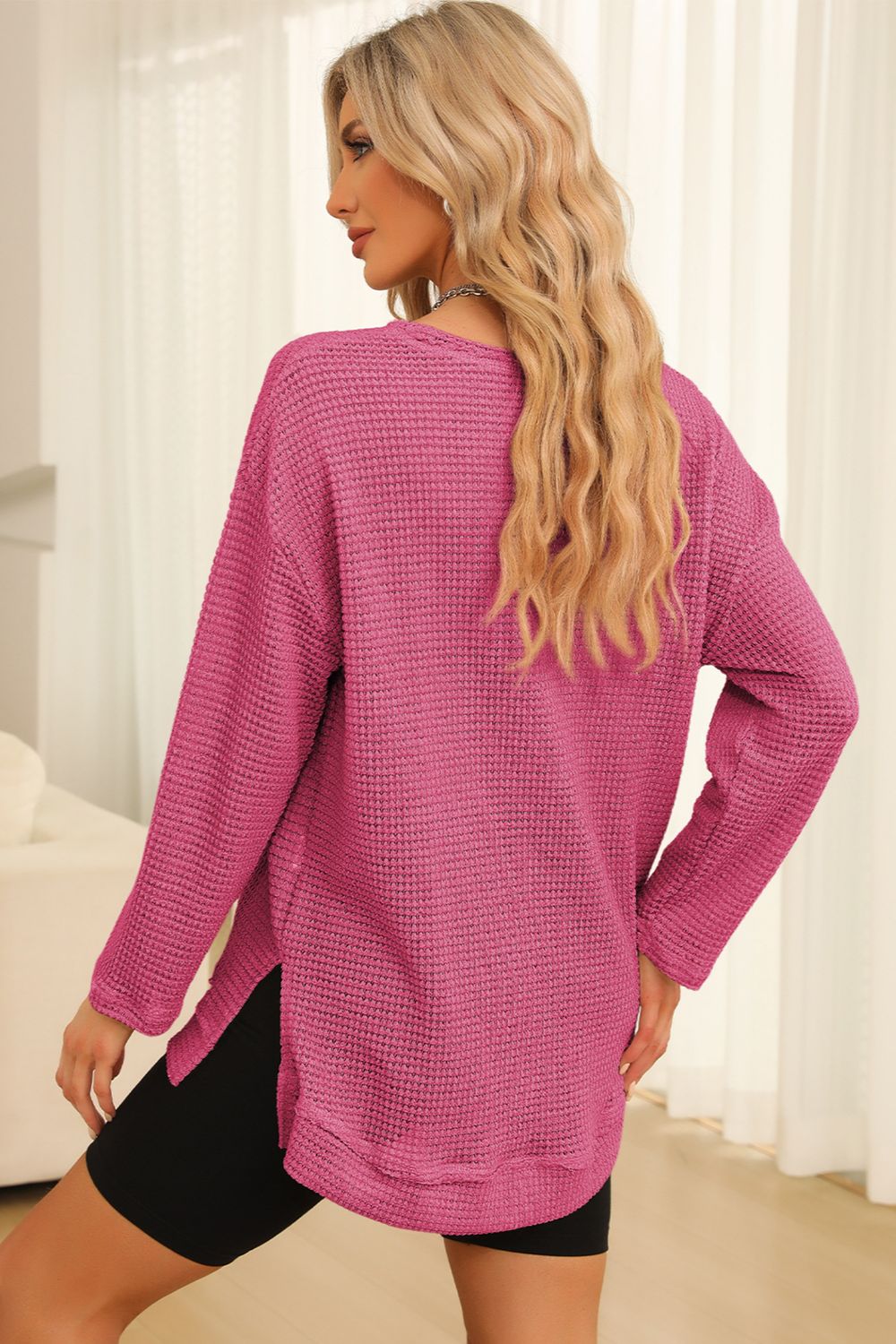 Waffle-Knit Round Neck Long Sleeve Sweatshirt - Trendsi | Lola Mariee